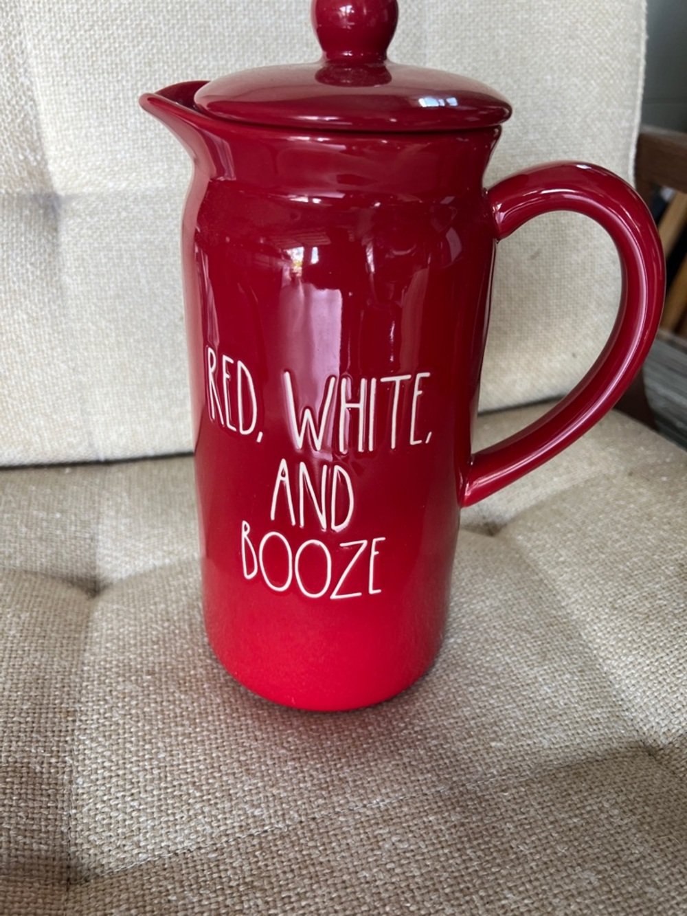 Red Ceramic Pitcher with 'Red, White, and Booze' Lettering